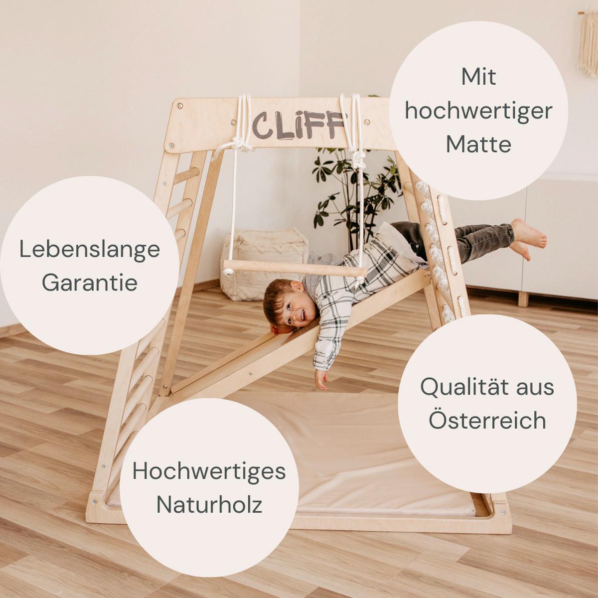 Premium Klettergerüst mit Sicherheitsmatte - Weiß, Basics, Holz (113/115/110cm) - CLIFF