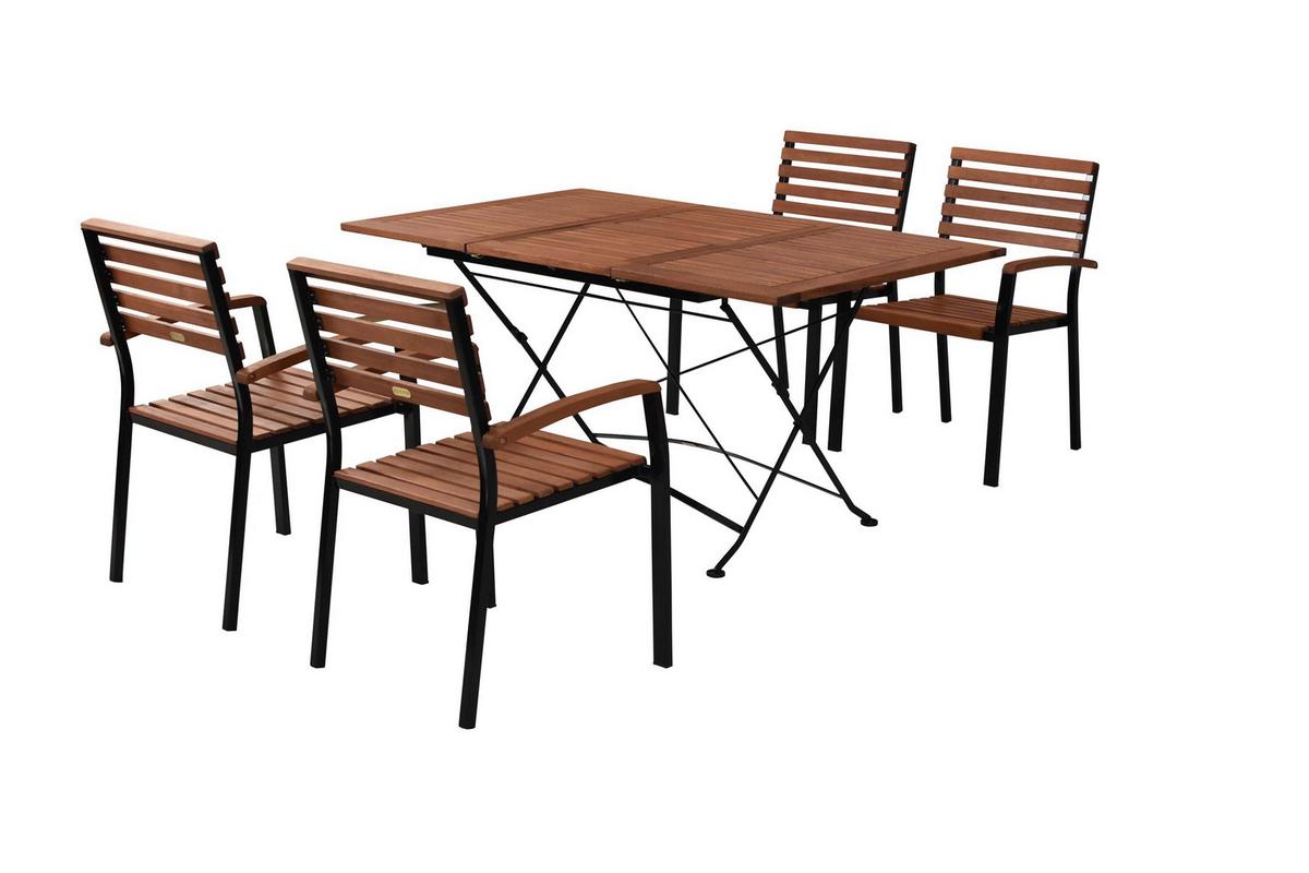 Gartentischgruppe 5tlg. Set - Schwarz/Naturfarben, KONVENTIONELL, Holz/Metall - Gardenson