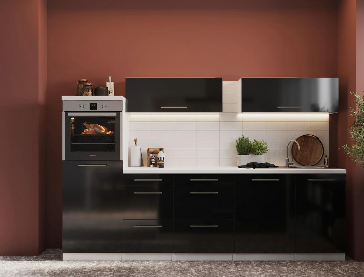 Küchenzeile Premium mit Geräte 280 cm Schwarz/Weiß +kochinsel - Schwarz/Weiß, MODERN, Holzwerkstoff (280/160cm) - Respekta