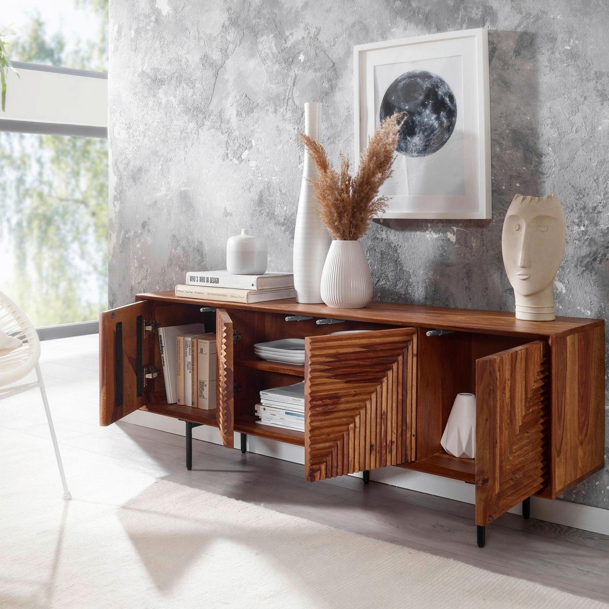 Sideboard Sheesham Sheeshamfarben B: 140 Cm - Sheeshamfarben/Schwarz, Design, Holz (140/54/33cm) - MID.YOU