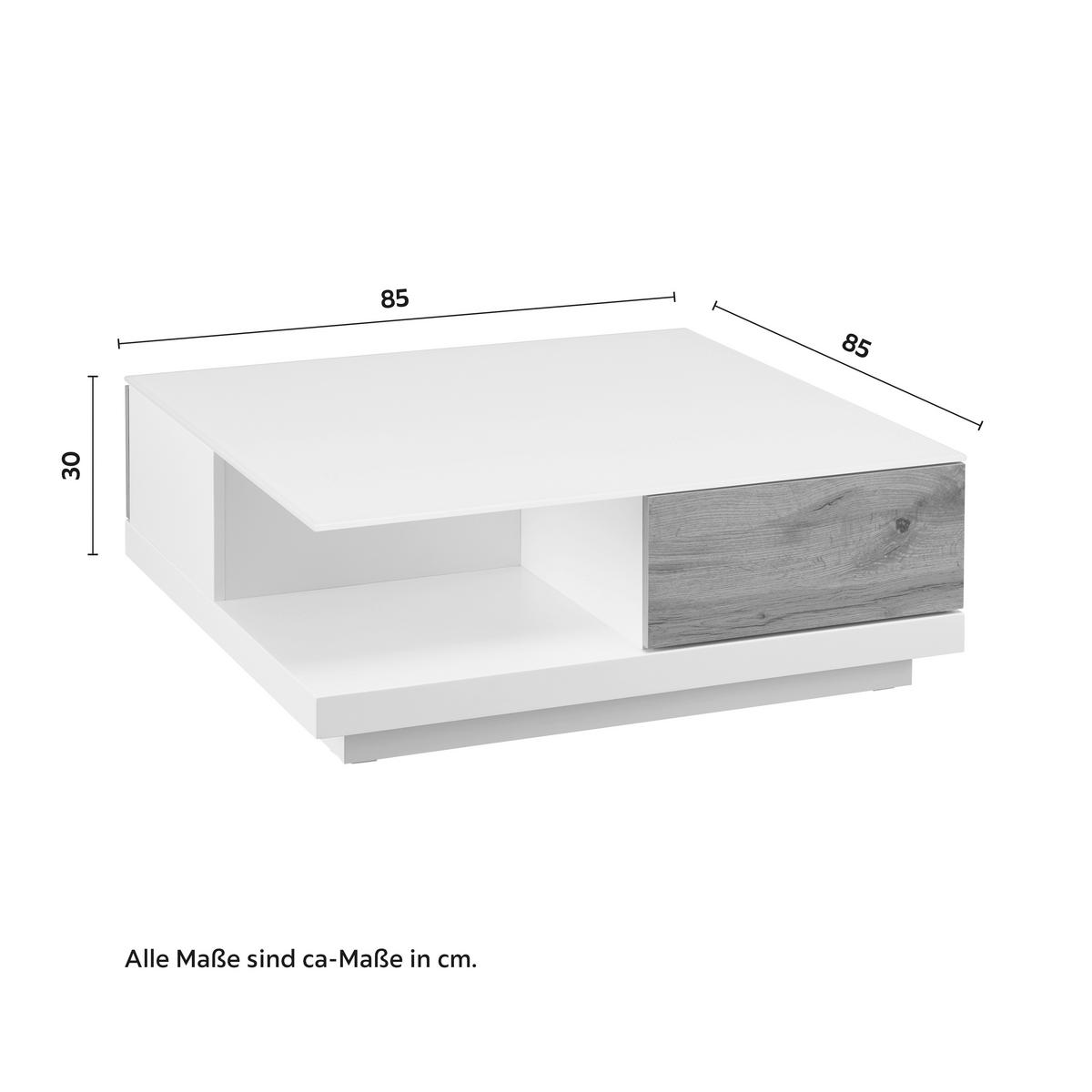 Konferenční stolek NEVIO bílá/dekor dub - bílá/barvy dubu, Moderní, sklo (85/85/30cm) - Bessagi Home
