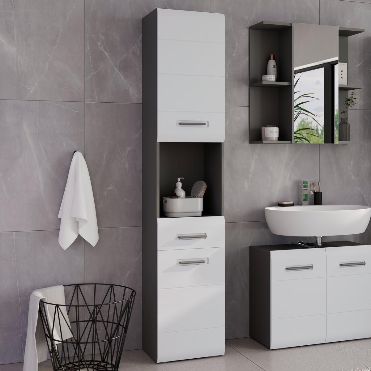 Badezimmer Hochschrank Pearl New Snol 117 BxH 40x188,5 cm - Anthrazit/Weiß, KONVENTIONELL, Holzwerkstoff (40/188,5/29,6cm)