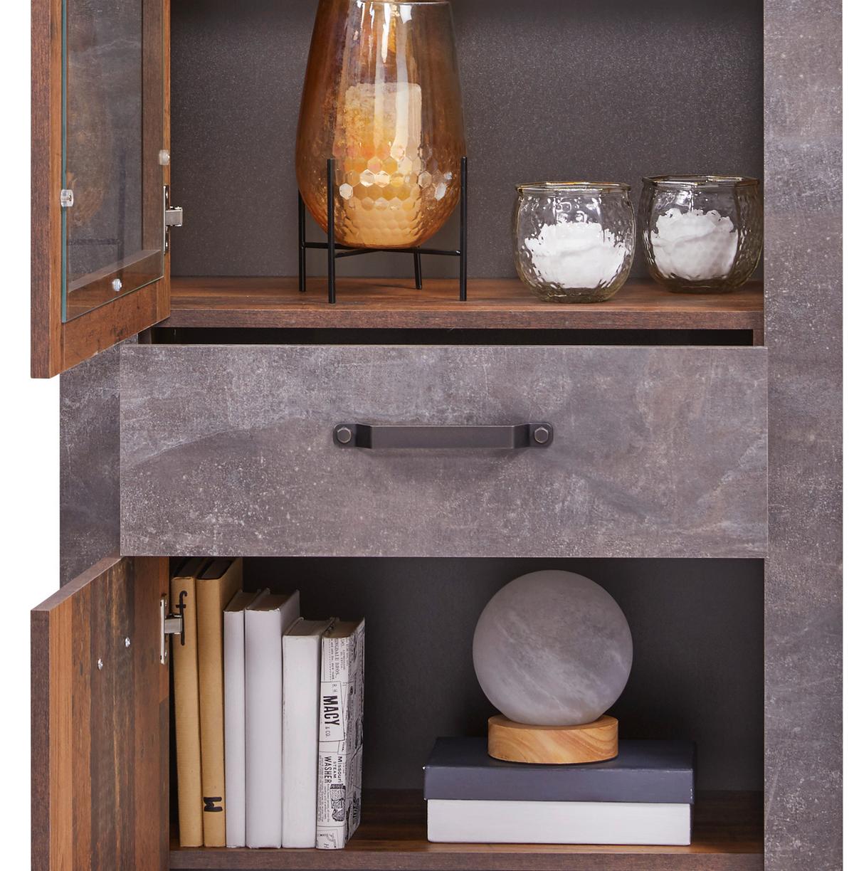 Vitrine Ontario B: 71,4 Cm Old Style Dekor/betonoptik - Dunkelgrau/Eichefarben, Trend, Glas/Holzwerkstoff (71,4/200/41,5cm) - Ondega