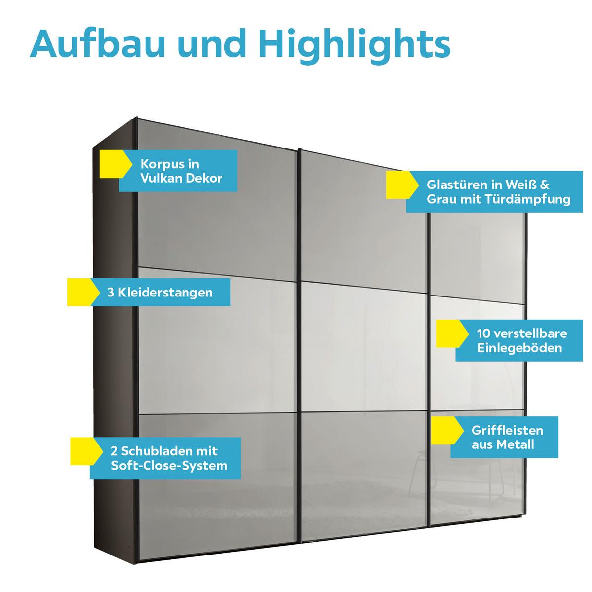Schwebetürenschrank Mit Glasfront 249cm, Weiß/hellgrau - Dunkelgrau/Hellgrau, MODERN, Glas/Holzwerkstoff (249/222/68cm)