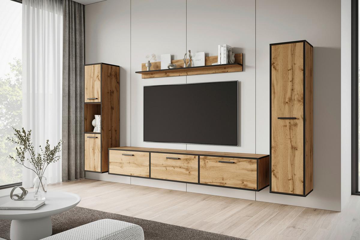 Wohnwand 4 -Teilig. Bogota XL Wotan Eiche Dekor - Eiche Wotan/Schwarz, Basics, Holzwerkstoff (240/130/31cm) - MID.YOU