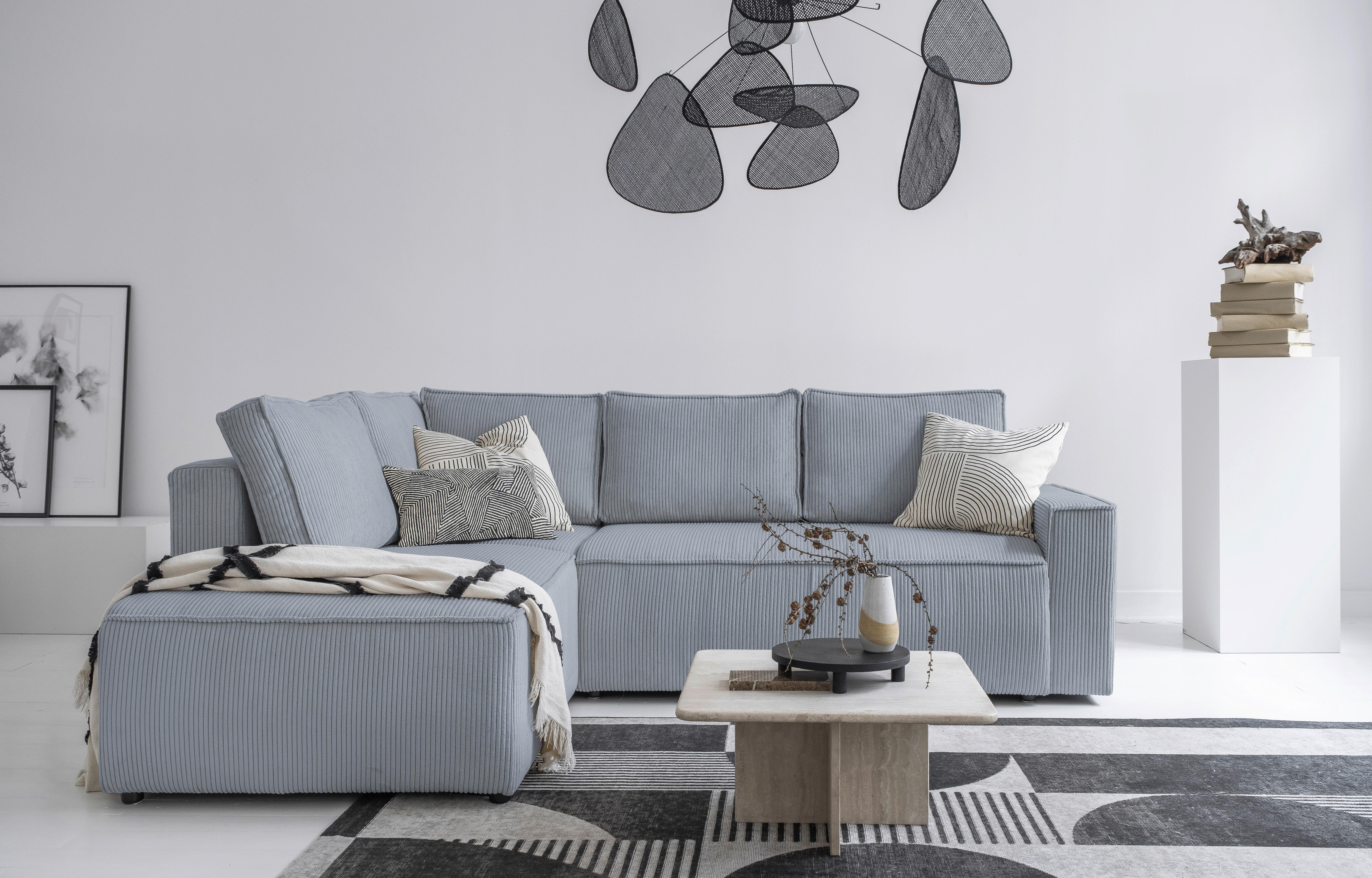 Sedačka OLIVER, levá, světle šedá barva - černá/světle šedá, Design, dřevo/textil (194/247cm)