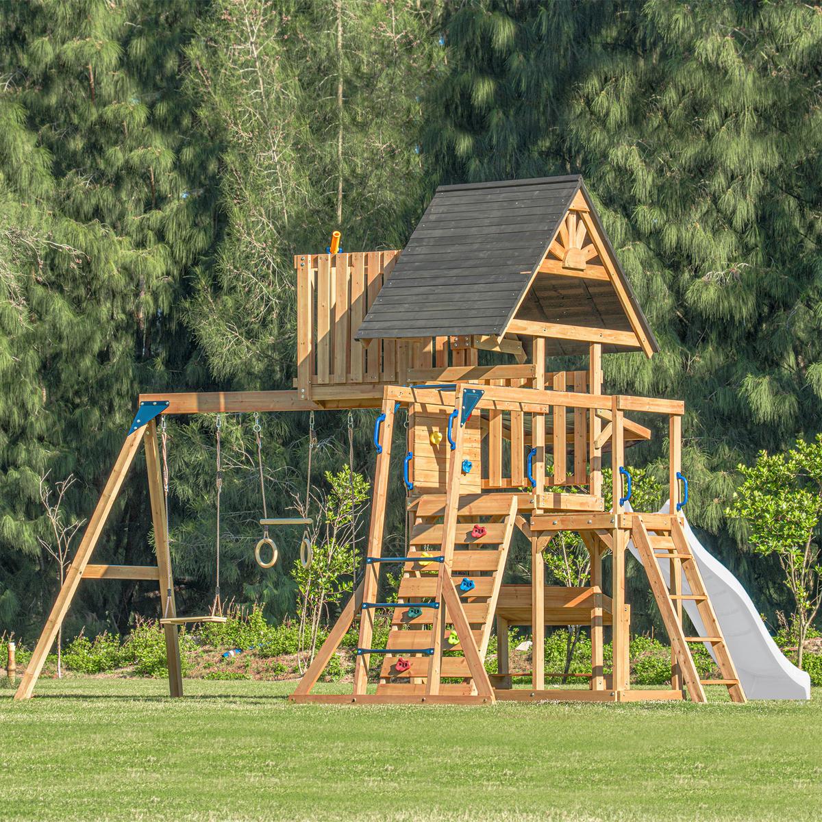 Spielturm mit Rutsche Weiss - Anthrazit/Braun, Basics, Holz/Kunststoff (482/500/338cm) - Ambia Garden