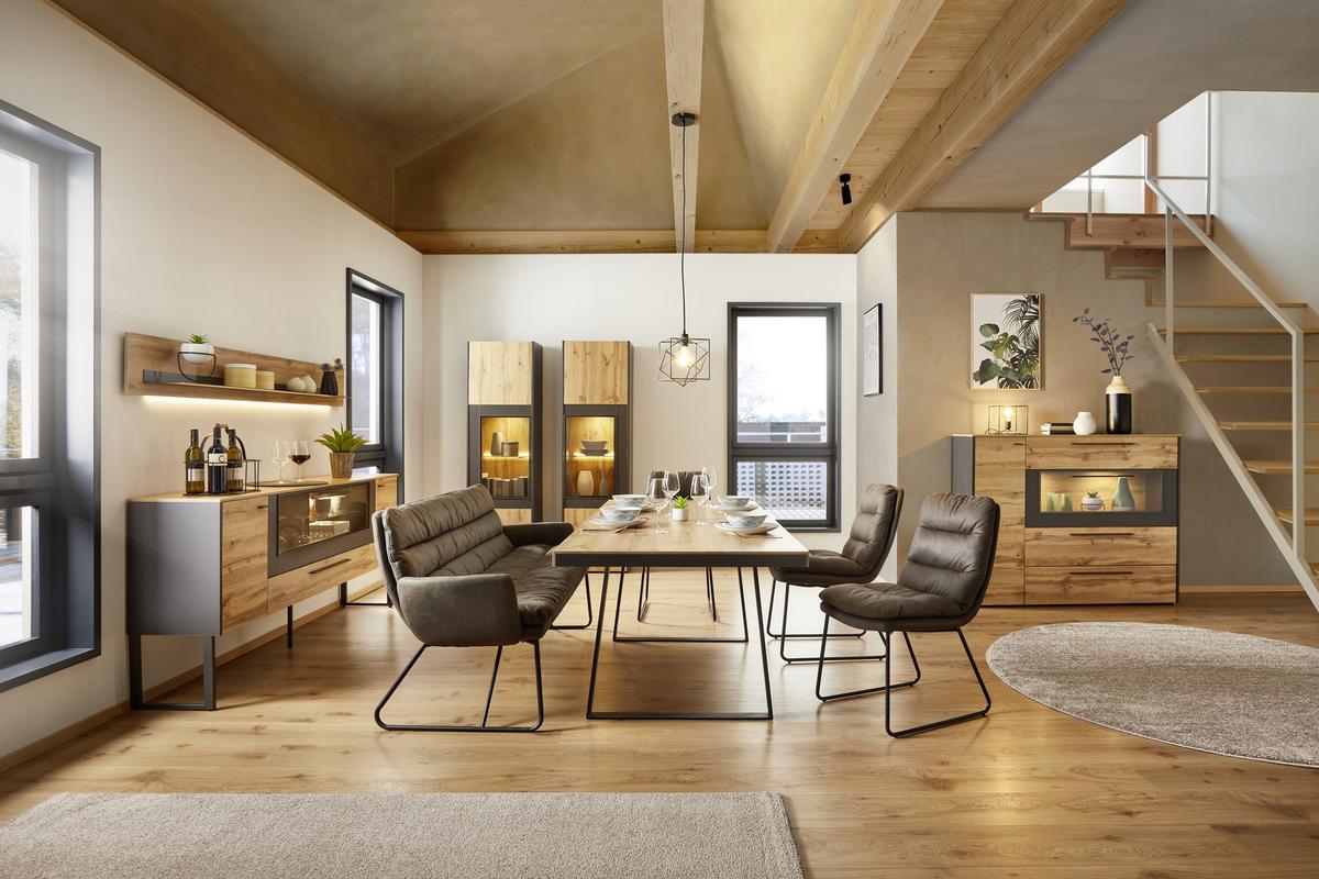 NÁSTĚNNÁ POLICE SKAGEN - černá/barvy dubu, Moderní, kov/kompozitní dřevo (197/27/22cm) - Premium Living