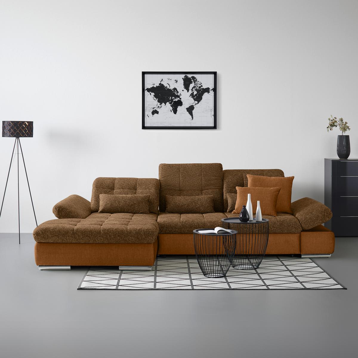 Rohová sedačka SANFINO, ľavá, horčicovožltá / koňaková - horčicovožltá/chrómová, Konventionell, kov/drevo (199/79-96/305cm) - Premium Living