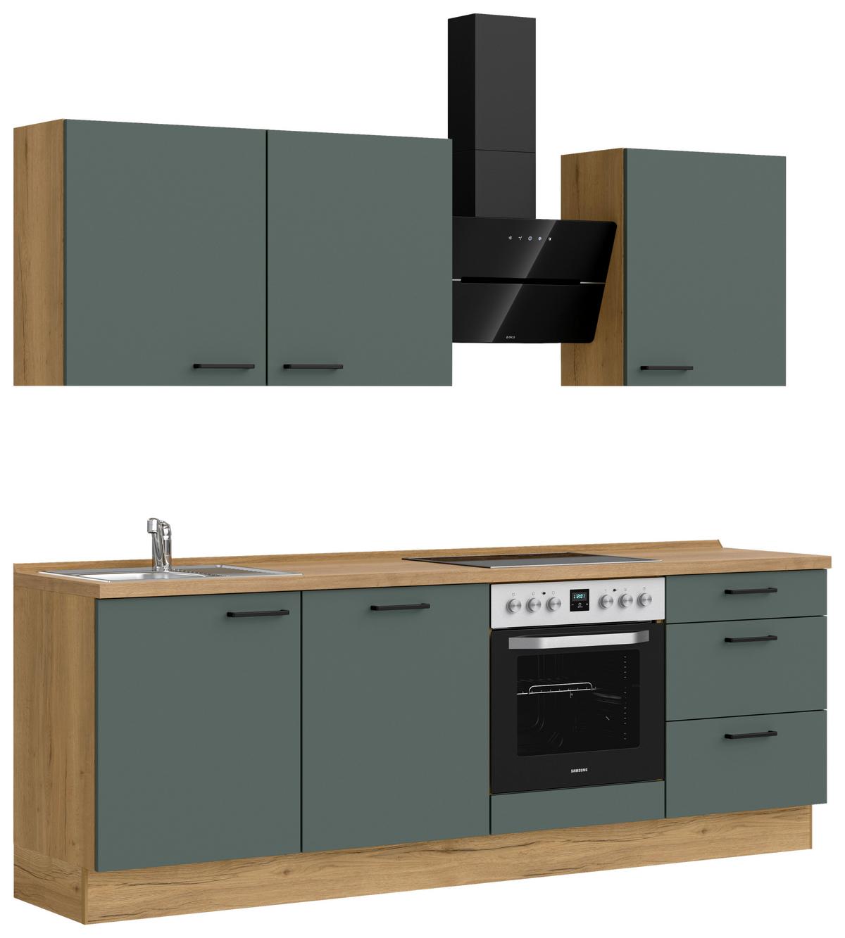 Kuchyňská linka 240 cm, minerální zelená,ultra matná - barvy dubu/černá, Moderní, kov/kompozitní dřevo (240cm) - Nobilia