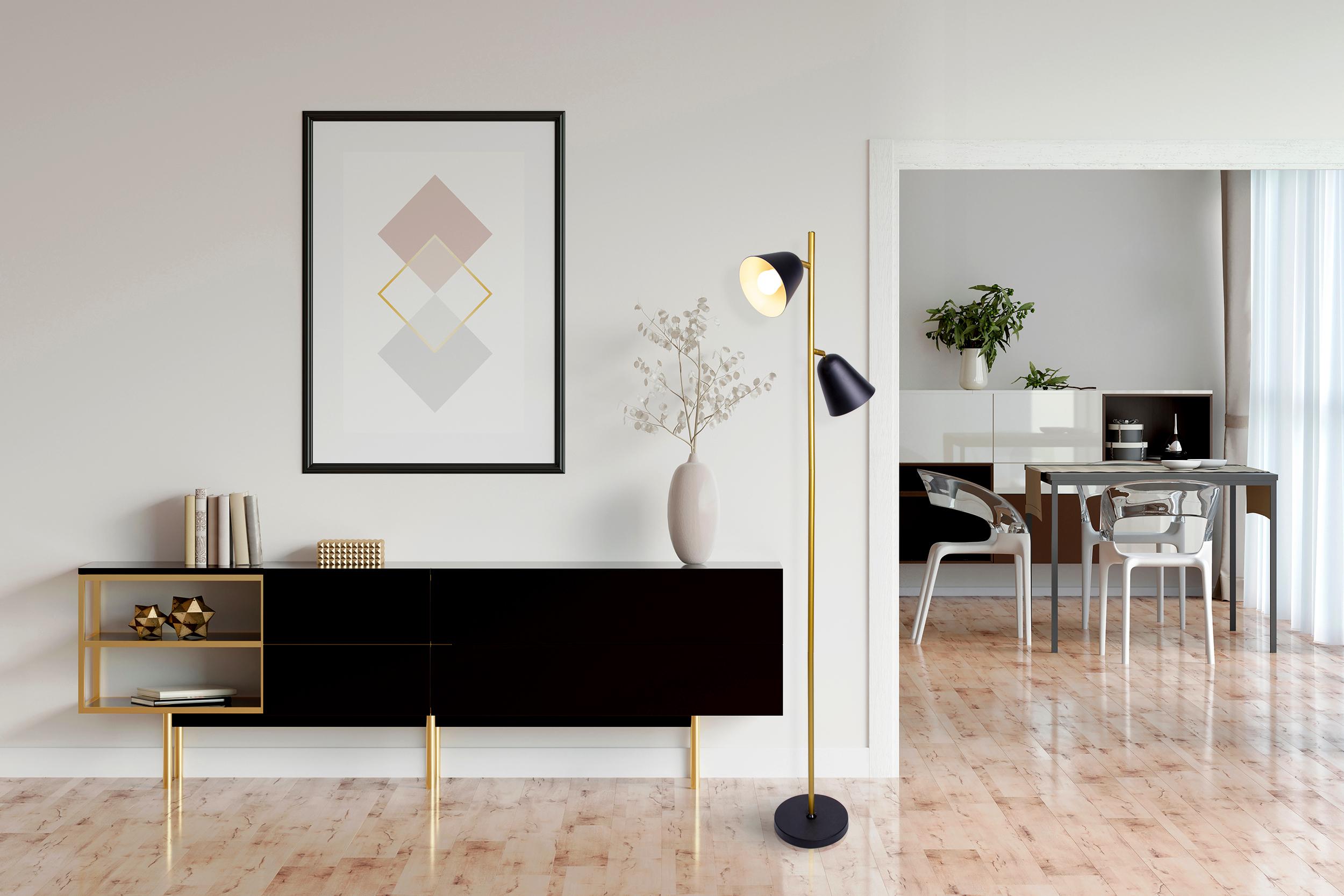 Stehlampe Triton Schwarz / Goldfarben Mit Kippschalter - Goldfarben/Schwarz, Design, Kunststoff (145cm) - Näve