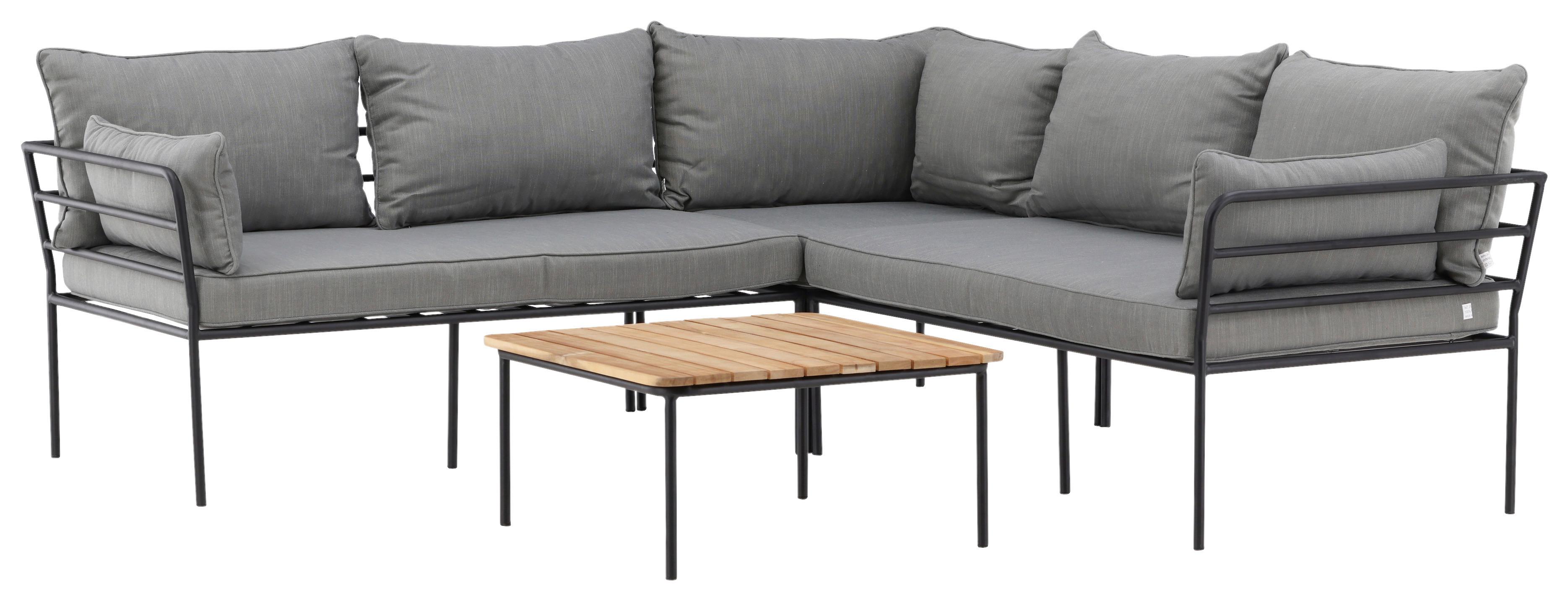 Loungegarnitur 2-tlg Penh Metall/akazienholz Mit Kissen - Schwarz/Grau, KONVENTIONELL, Holz/Metall - Gardenson