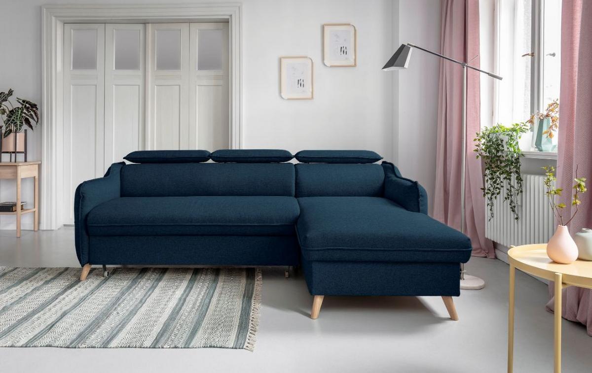 Rozkládací sedačka Simone, pravé provedení - přírodní barvy/tmavě modrá, Moderní, dřevo/textil (228/82/95/162cm)