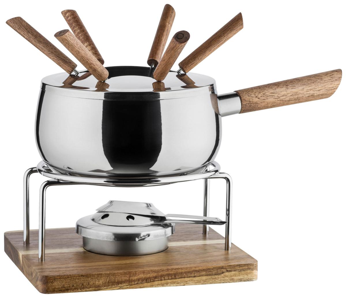 Fondue-Set 10-Teilig 6 Gabeln Edelstahl - Silberfarben/Braun, Trend, Holz/Metall (31/19,5/21cm) - Mäser