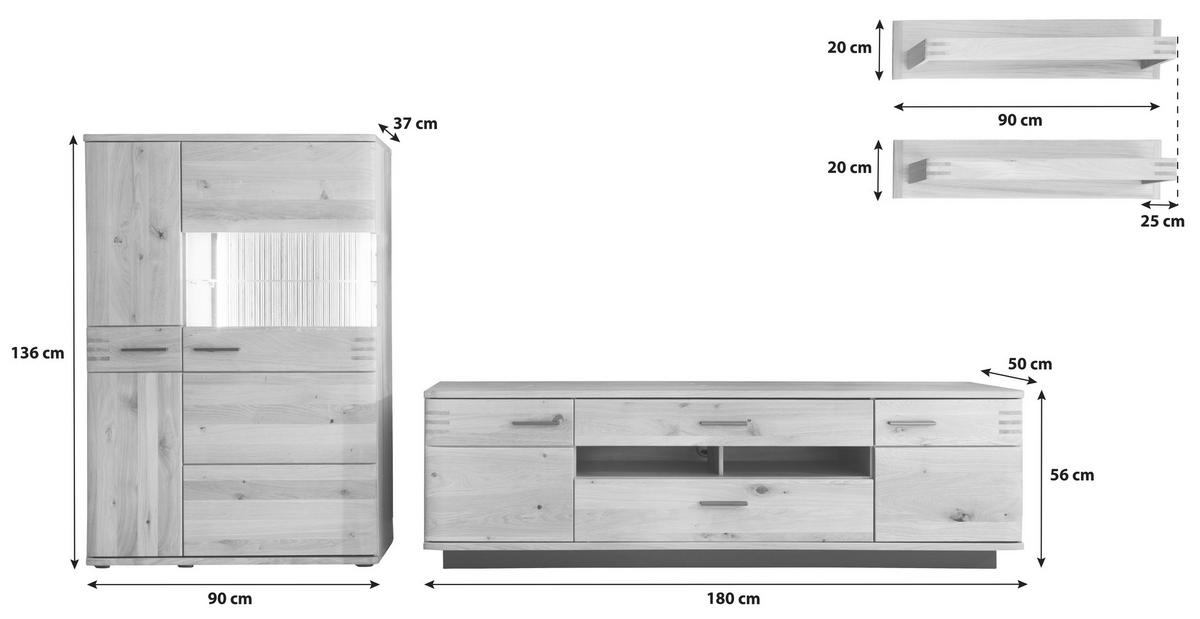 Wohnkombination teilmassiv 4--teilig. Salvador Eichefarben - Eichefarben/Schwarz, Design, Glas/Holz (340/167/50cm) - Livetastic