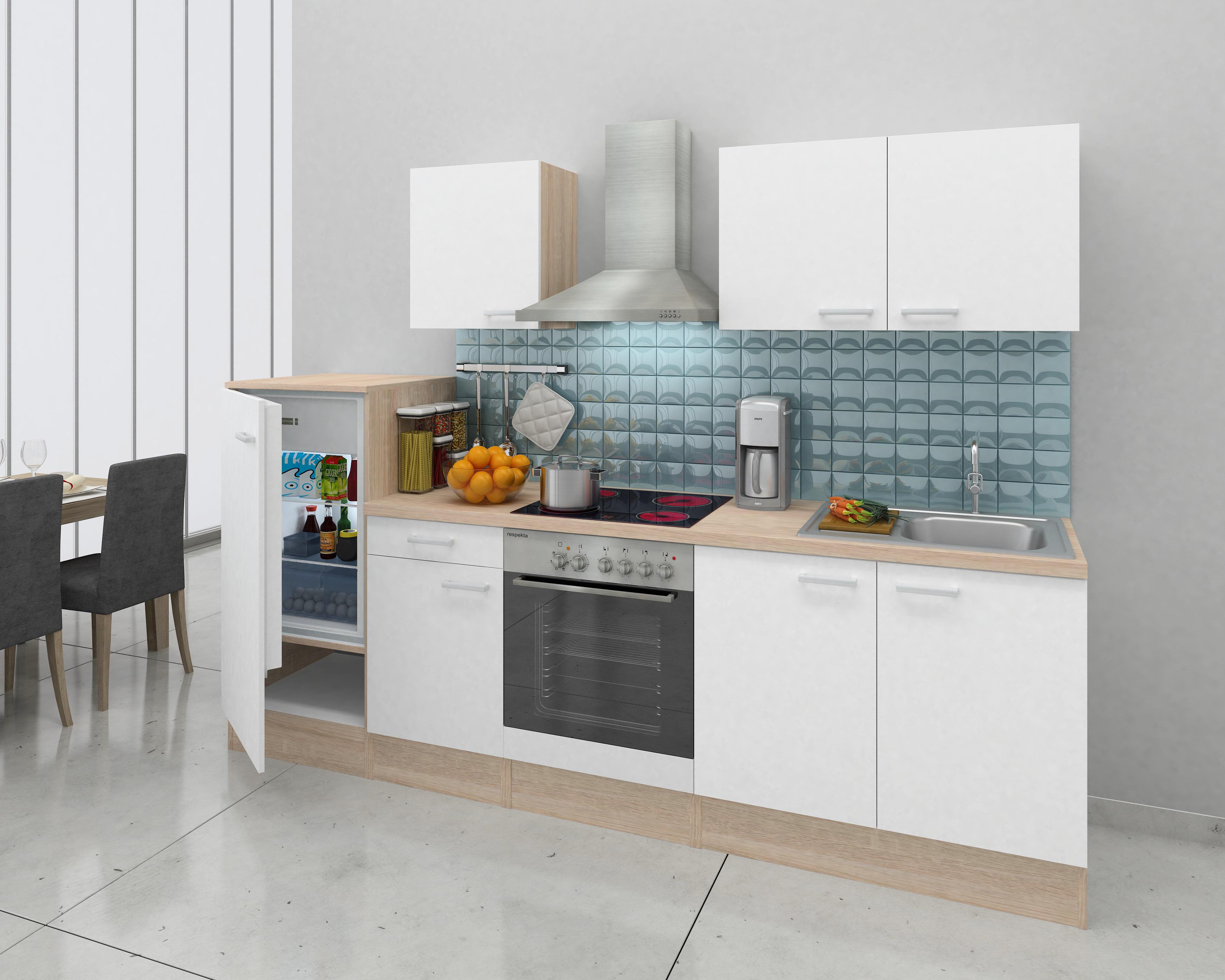 Küchenzeile Economy mit Geräten 270 cm Weiß/Eiche Dekor Modern - Eichefarben/Weiß, Basics, Holzwerkstoff (270cm) - Respekta
