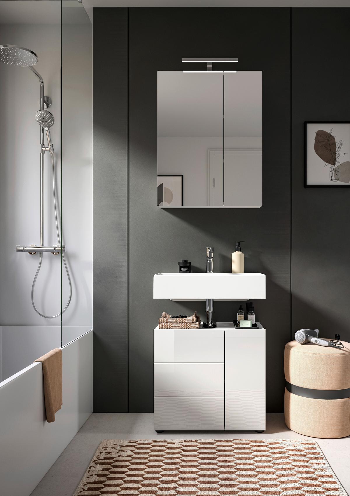 Badezimmer Vira 2--teilig. Weiß inkl. LED - Weiß Hochglanz/Schwarz, MODERN, Holzwerkstoff (60cm) - MID.YOU