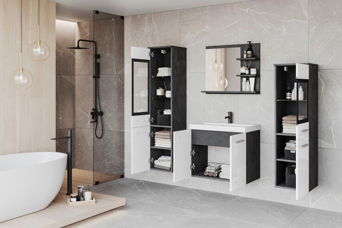 Badezimmer Madrit-Set 5-tlg anthrazit/weiß HG, B: 120,4 cm - Weiß Hochglanz/Anthrazit, LIFESTYLE, Glas/Keramik (120,4/131,5/34,5cm) - P & B