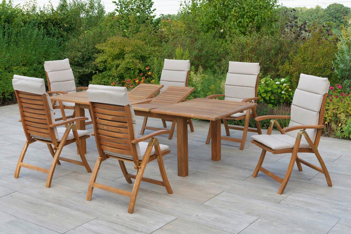 Gartentischgruppe 7tlg. Set - Beige/Akaziefarben, KONVENTIONELL, Holz/Textil - Gardenson