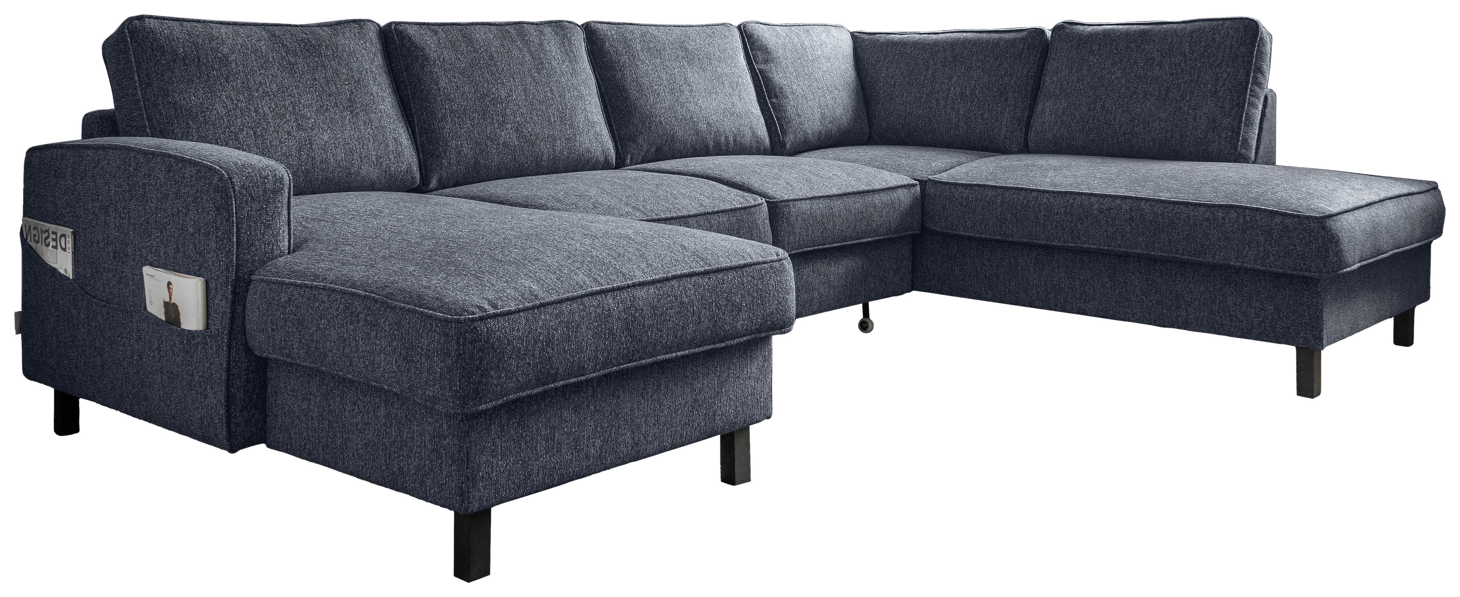 Sedačka MELANIE U, pravá, tm.modrá, úl.prostor a lůžko - černá/tmavě modrá, dřevo/textil (148/298/198cm) - MID.YOU