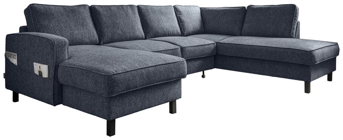 Sedačka MELANIE U, pravá, tm.modrá, úl.prostor a lůžko - černá/tmavě modrá, dřevo/textil (148/298/198cm) - MID.YOU