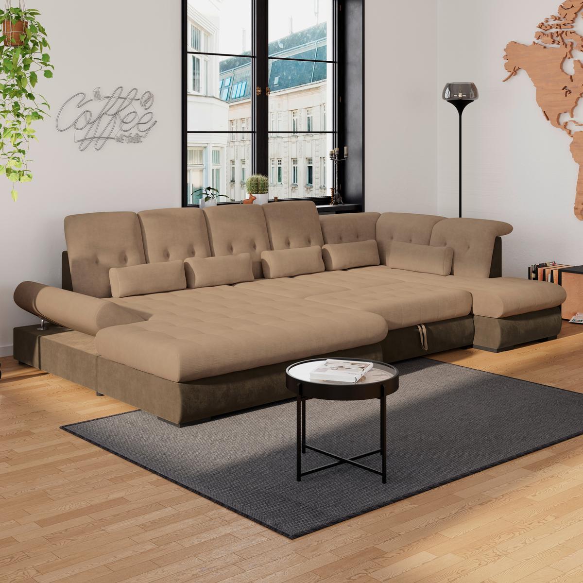 Wohnlandschaft Madera Braun, S: 358x212 cm - Hellbraun/Dunkelbraun, KONVENTIONELL, Kunststoff/Textil (190/358/212cm)
