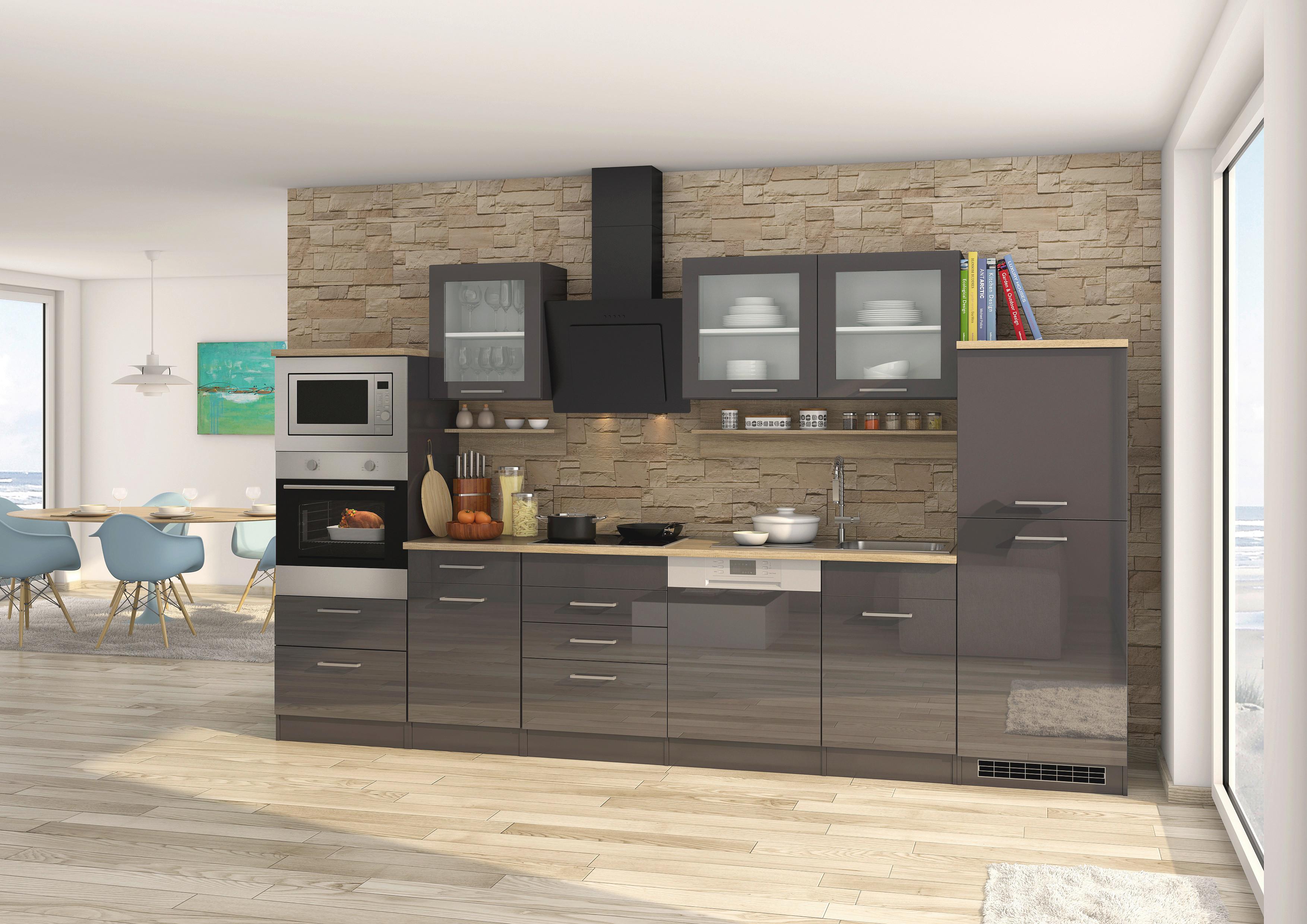 Küchenblock Mailand Graphitfarben B: 340cm - Graphitfarben/Sonoma Eiche, MODERN, Glas/Holzwerkstoff (340cm) - Held