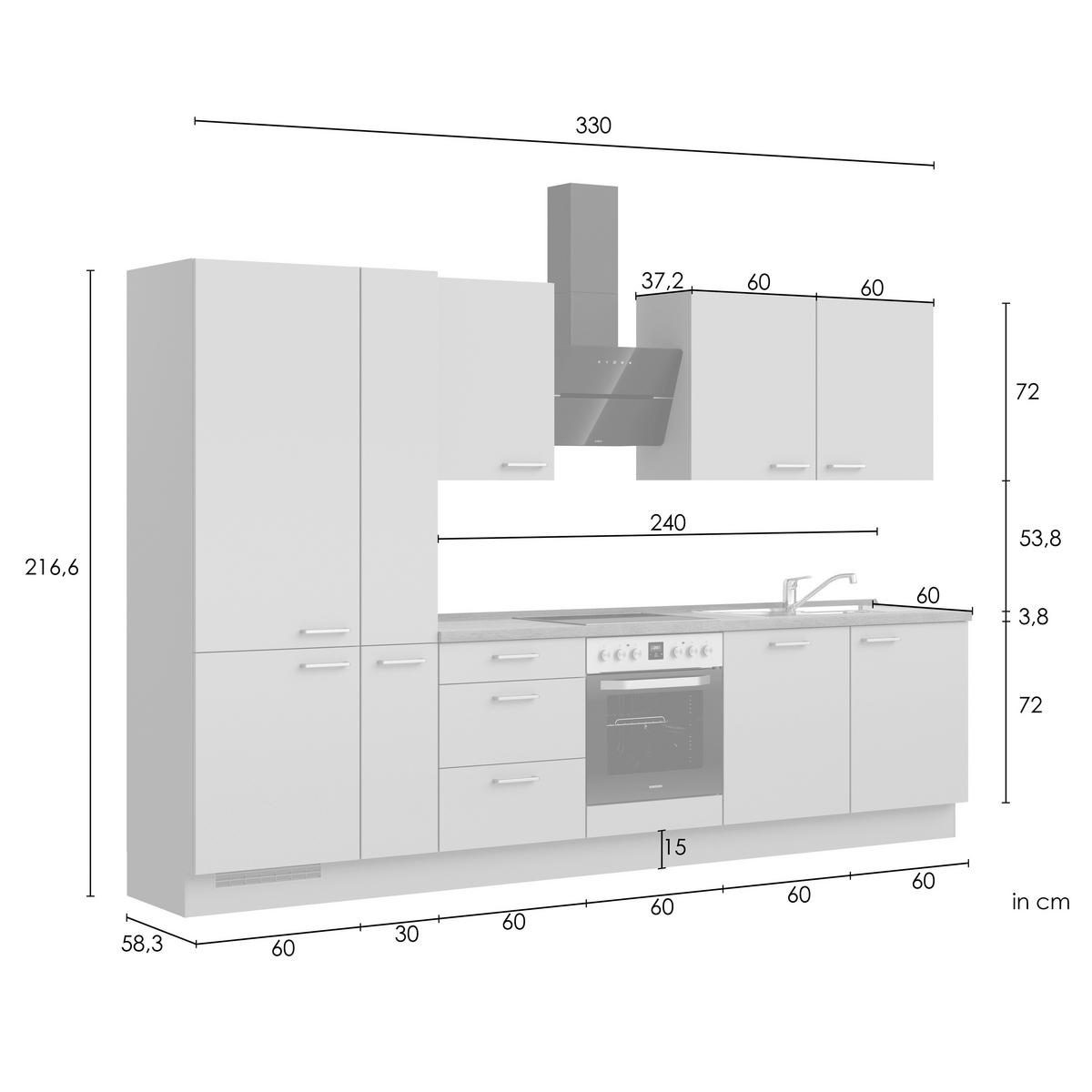 Kuchynská linka 330 cm, biela /dub Sierra - biela/farba ušľachtilej ocele, Romantik / Landhaus, kov/kompozitné drevo (330cm) - Nobilia