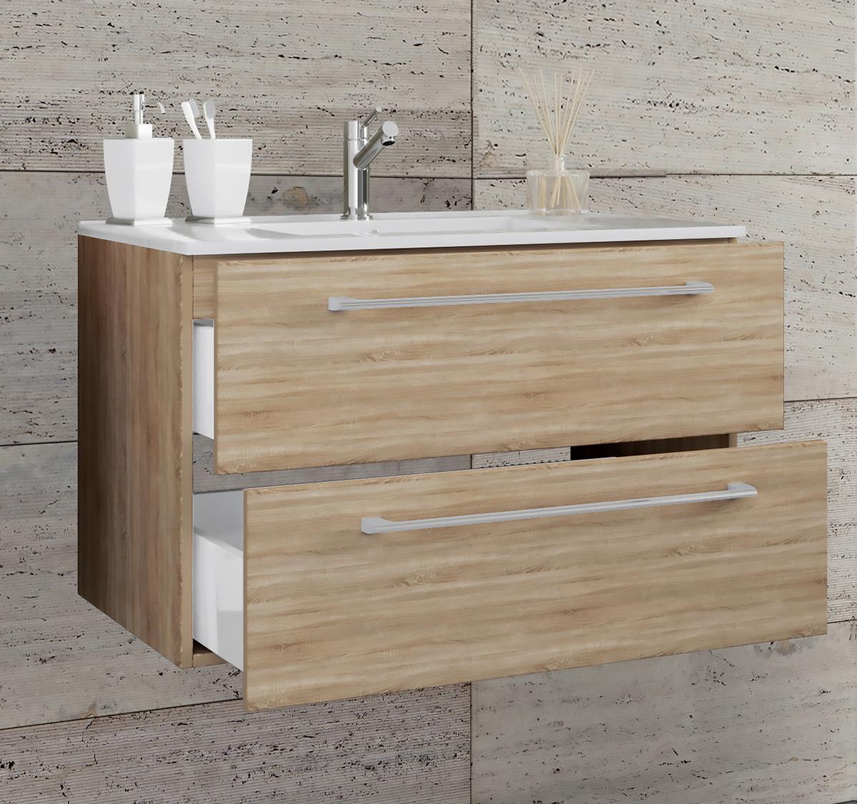 Waschbecken mit Unterschrank Badinos B: 61 cm Eiche Dekor - Weiß/Sonoma Eiche, MODERN, Keramik/Holzwerkstoff (61cm) - MID.YOU
