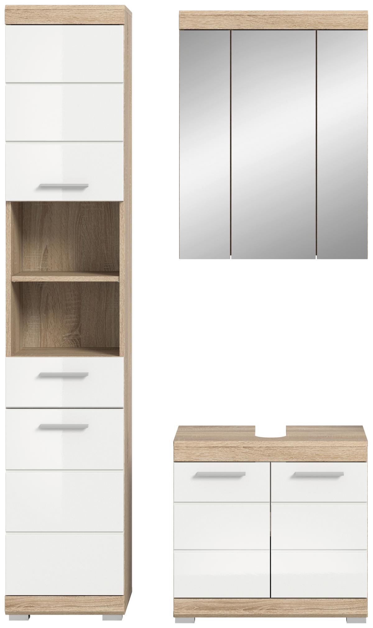 Badezimmer Lambada Eiche Dekor/Weiß B: 97 cm - Weiß Hochglanz/Silberfarben, MODERN, Glas/Holzwerkstoff (97cm) - MID.YOU