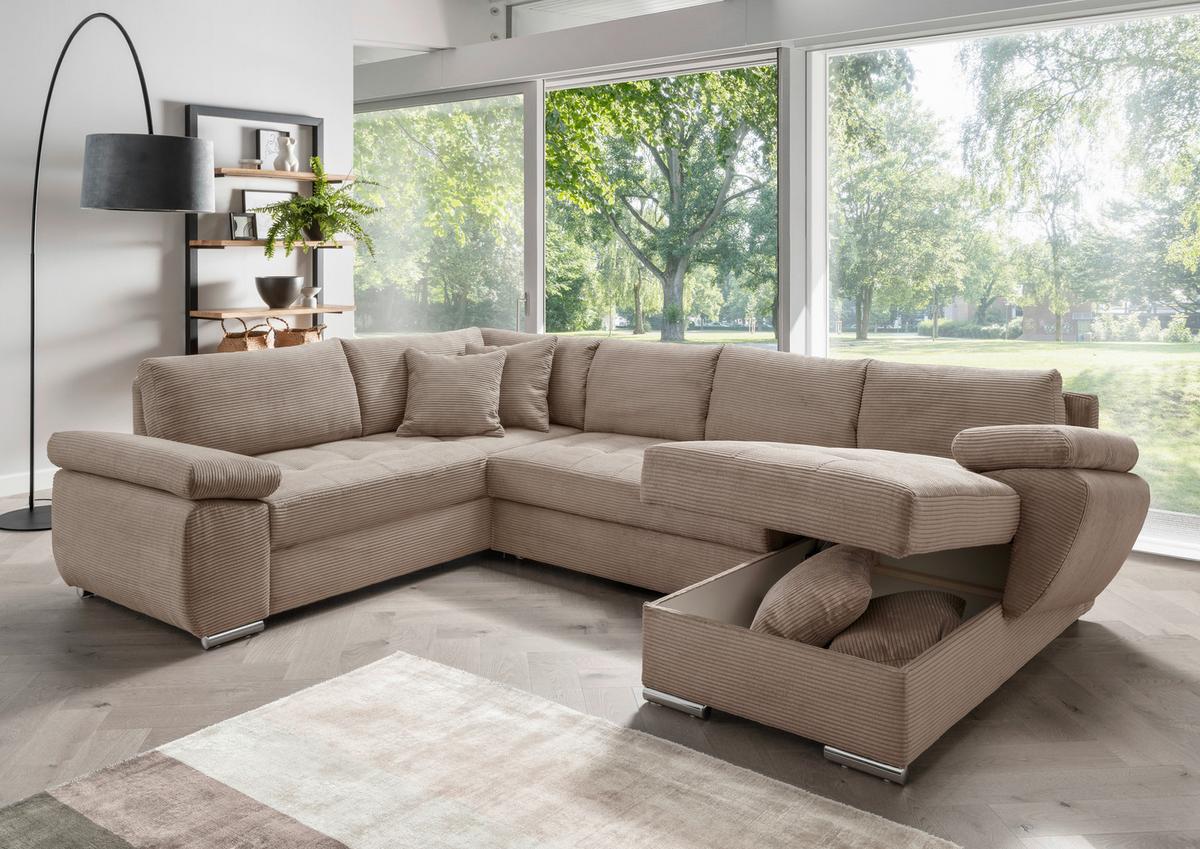 Wohnlandschaft Terana mit Schlaffunktion, Graubraun - Chromfarben/Graubraun, KONVENTIONELL, Textil (219/305/157cm) - Livetastic