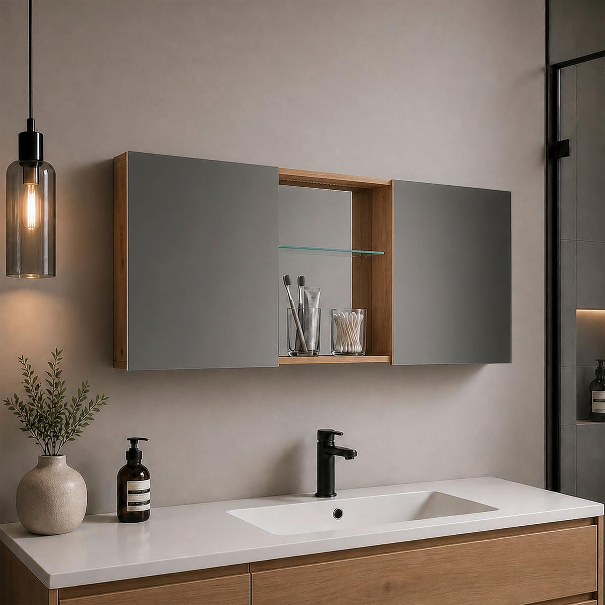 SPIEGELSCHRANK Budasi Honigeiche B: 112 cm - Honigeiche, MODERN, Holzwerkstoff (112/59/12cm) - MID.YOU