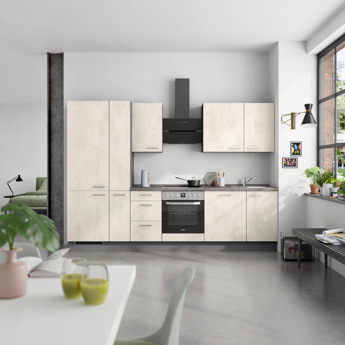 Kuchynská linka 300CM biely betón/ bridlicová šedá - biela/farba ušľachtilej ocele, Modern, kov/kompozitné drevo (300cm) - Nobilia