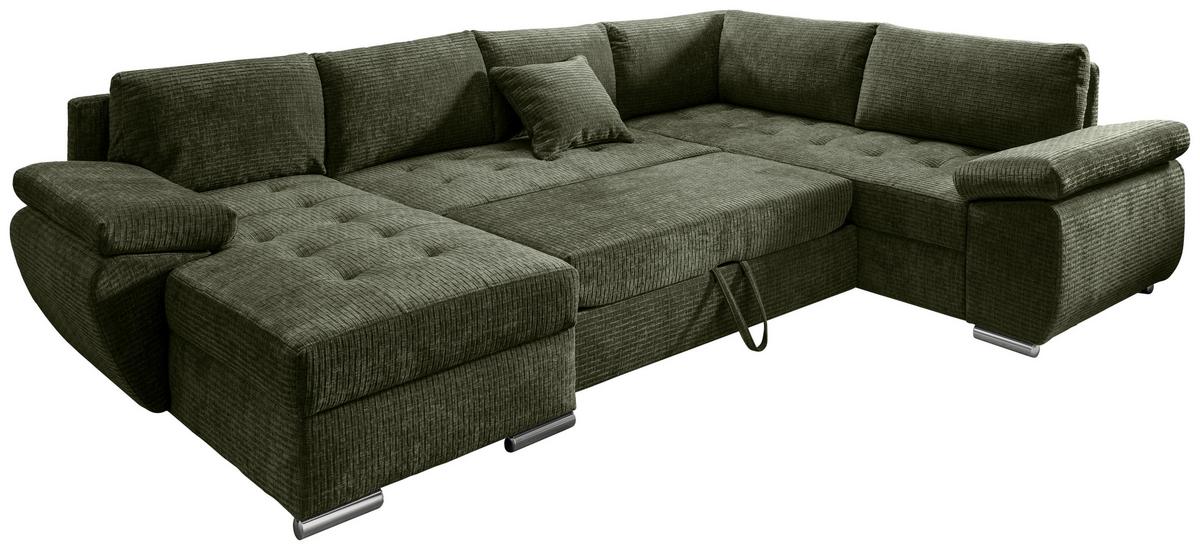 Wohnlandschaft Terana Olivgrün Mit Schlaffunktion, Mikrofaser - Chromfarben/Olivgrün, KONVENTIONELL, Textil (157/305/219cm) - Livetastic