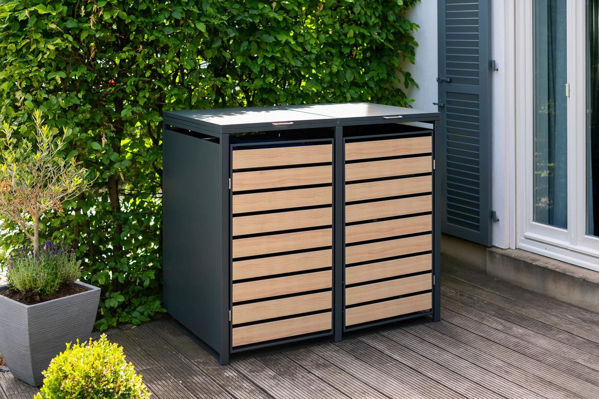 Mülltonnenbox Mülltonnenbox 2-Fach 240 Liter - Anthrazit/Naturfarben, Basics, Metall (80/116/132cm)