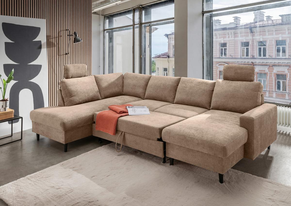 Wohnlandschaft Passione Hellbraun U: 200x305x153 cm - Hellbraun/Schwarz, MODERN, Textil (200/305/153cm) - Livetastic