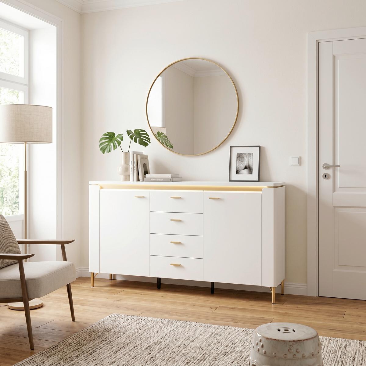Sideboard Lazio Weiß B: 155,3 cm - Weiß Hochglanz/Goldfarben, Trend, Holzwerkstoff (155,3/87,3/40cm)