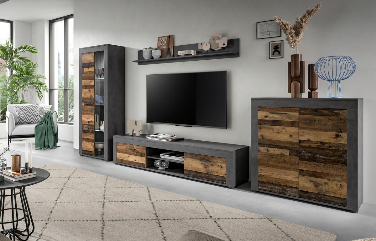 Wohnwand Jam Old Wood Dekor 4-teilig B: ca. 330 cm - Schwarz/Naturfarben, Design, Glas/Holzwerkstoff (330/159/35cm) - MID.YOU