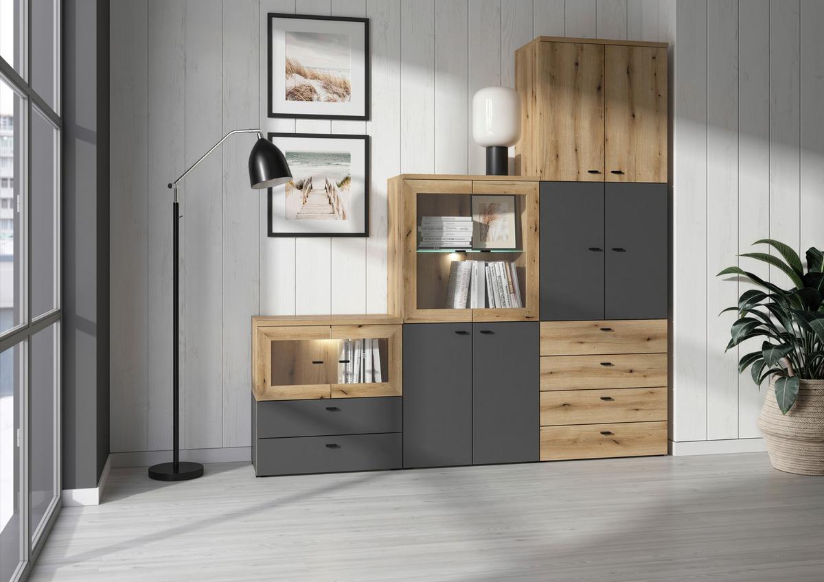 Stapelprogramm Sixty-Four - Eichefarben/Anthrazit, Trend, Holzwerkstoff (192/192/35cm)