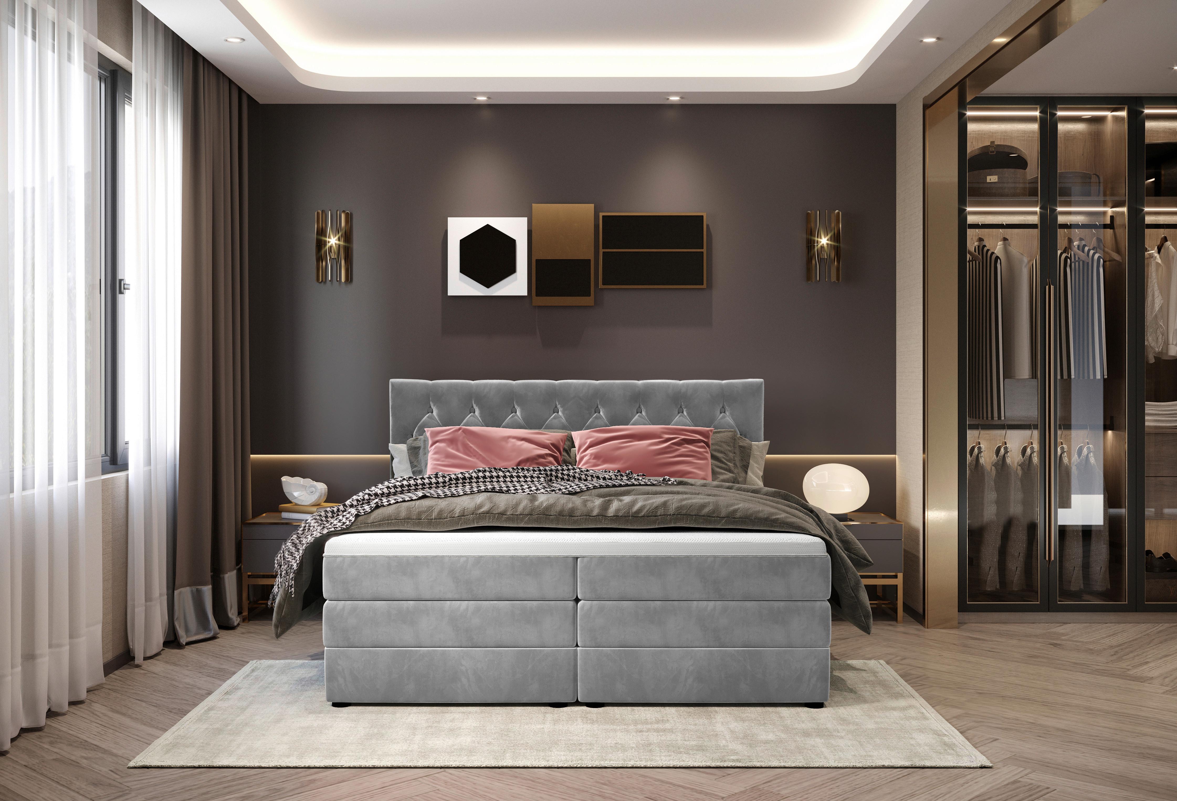 Boxspringbett Elio Silberfarben 180x200 cm H2 - Silberfarben/Schwarz, ROMANTIK / LANDHAUS, Textil (184/121/212cm) - James Wood