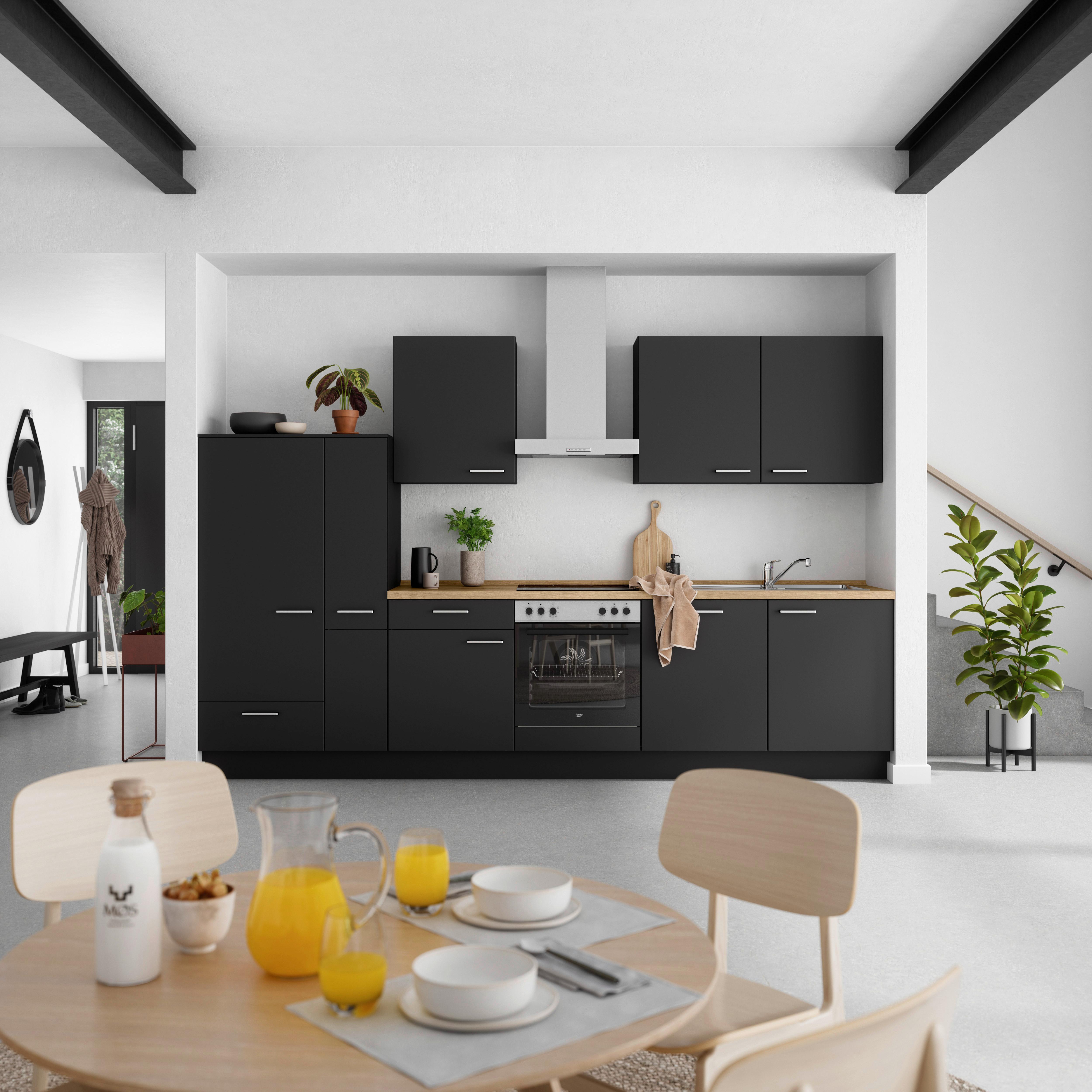 Kuchyňská linka 330 cm, černá matná - černá/barvy dubu, Moderní, kov/kompozitní dřevo (330cm) - Nobilia
