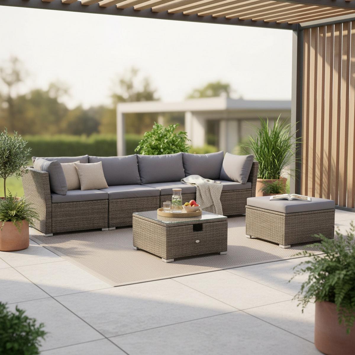 Loungegarnitur 14-tlg Malaga Grau - Grau, KONVENTIONELL, Glas/Kunststoff (190/40/181cm) - Gardenson