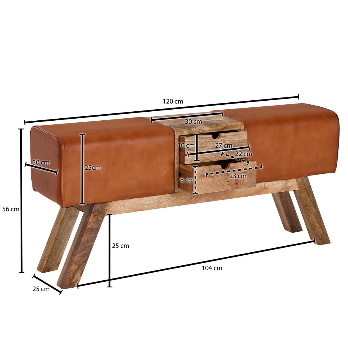 Garderobenbank B: 120 Cm Mit 2 Schubladen Braun - Braun, MODERN, Leder/Holz (120/56/30cm) - MID.YOU