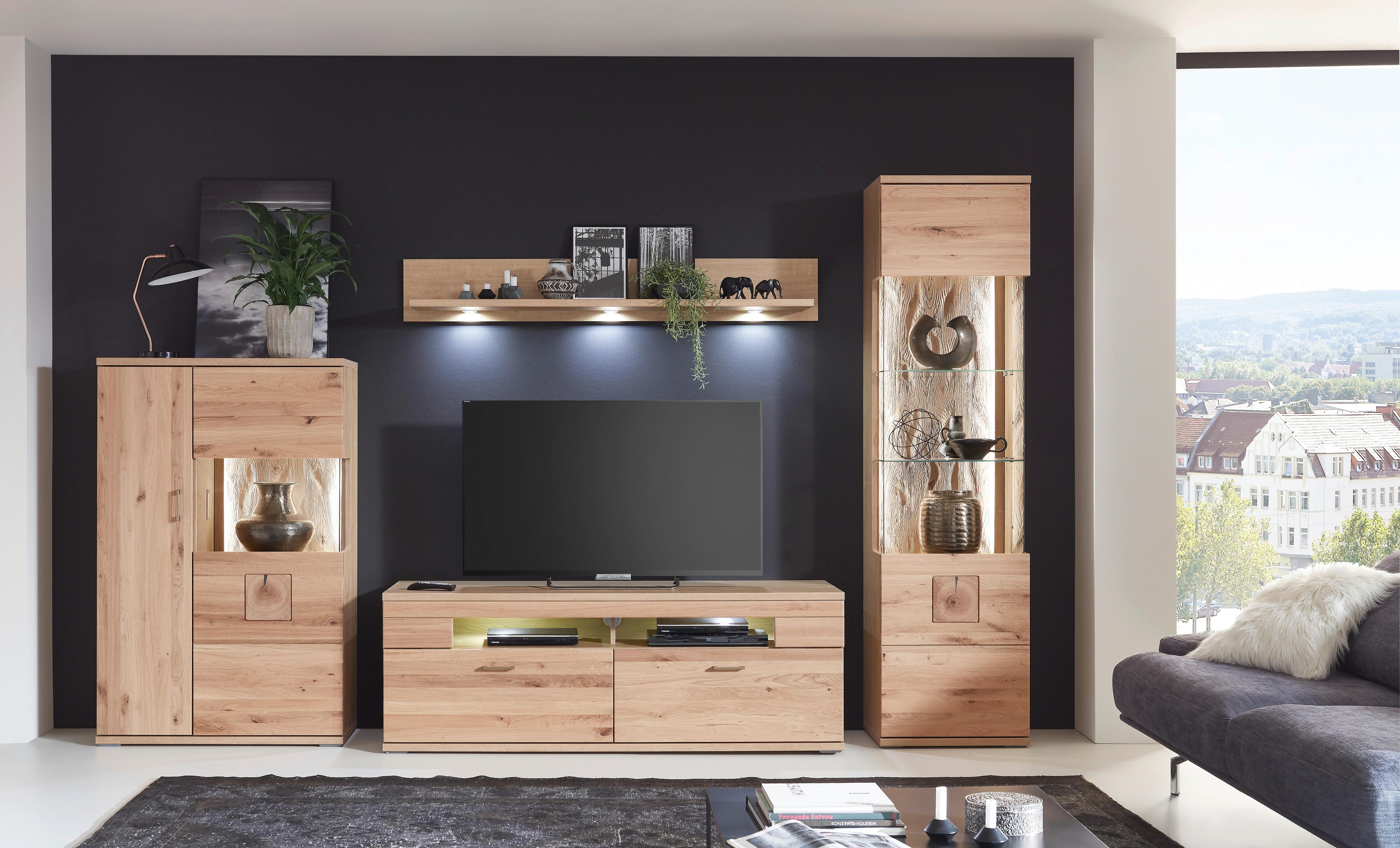 Wohnwand Kansas - Alteiche/Silberfarben, KONVENTIONELL, Glas/Holz (330/208,3/50,2cm) - Livetastic