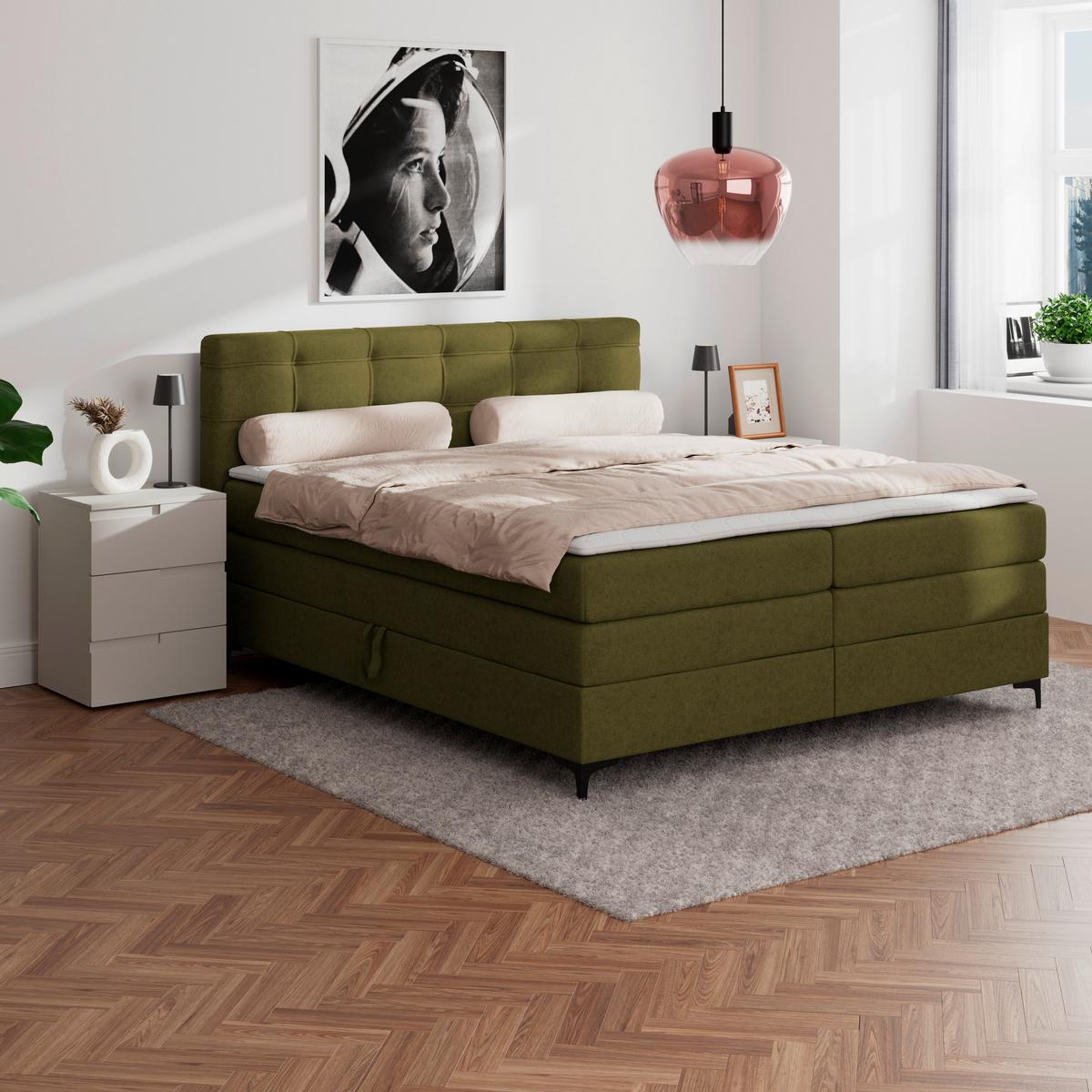 Boxspringbett MITTO Moosgrün 180x200 cm - Schwarz/Grün, KONVENTIONELL, Textil/Metall (180/200cm)