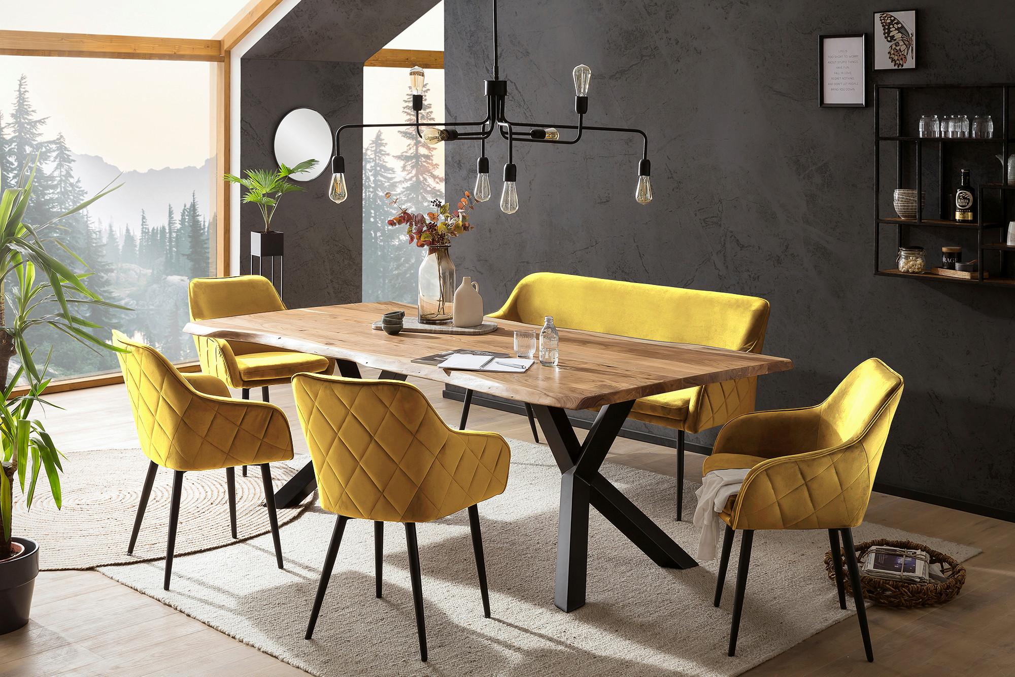 Tischgruppe Akazie Massiv/Senfgelb 6--Teilig. - Senfgelb/Naturfarben, MODERN, Holz/Textil (200/100/76,5cm) - Livetastic