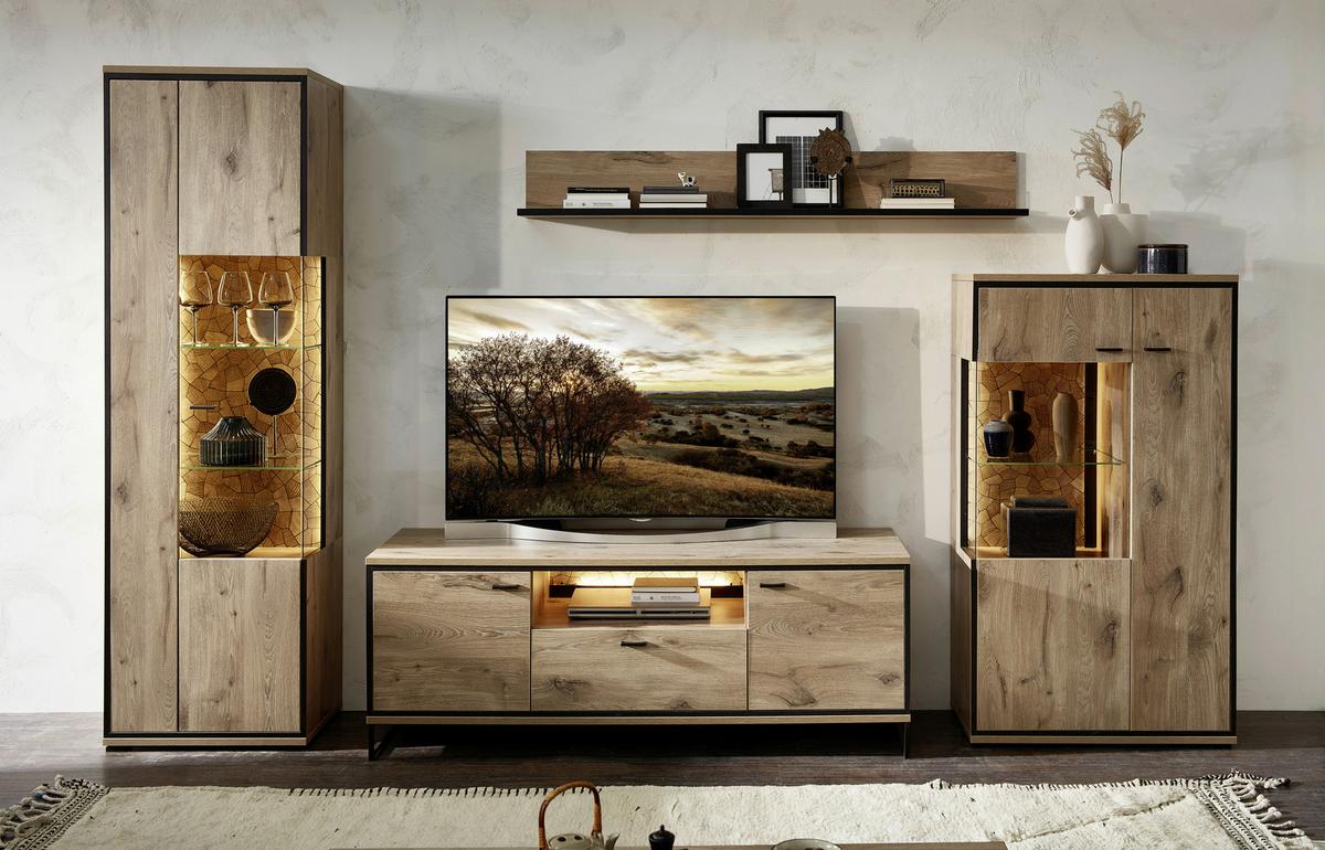 Wohnwand Ruben - Eichefarben/Schwarz, KONVENTIONELL, Glas/Holzwerkstoff (330/205/49cm) - Livetastic