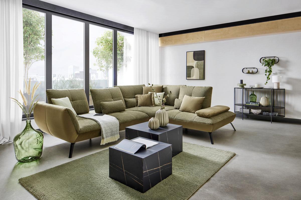 TRENDY, pravá, antracitová, s 3 bedrovými vankúšmi - olivovozelená/čierna, Modern, kov/kompozitné drevo (310/250/250cm) - Premium Living