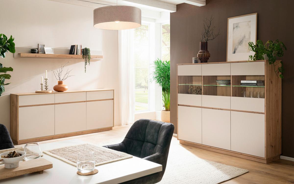 Highboard Sonora Kashmir/Eiche B: 164cm - Kaschmir/Eiche Artisan, Design, Glas/Holzwerkstoff (164/138/40cm) - MID.YOU