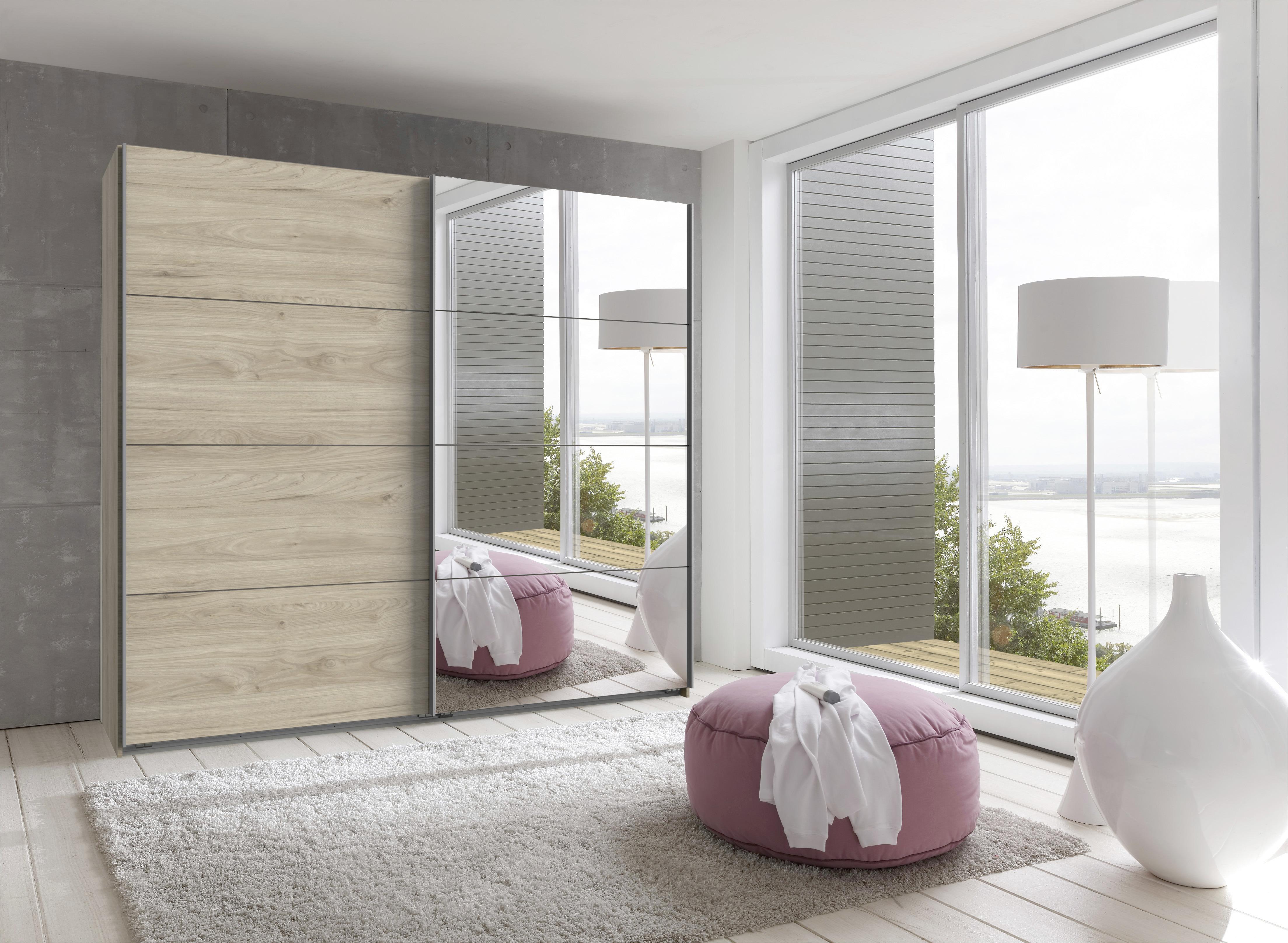 Schwebetürenschrank mit Spiegel 225cm Ernie, Eiche Dekor - Eichefarben, Basics, Holzwerkstoff (225/210/65cm) - MID.YOU